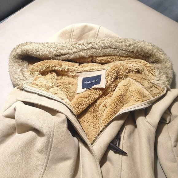 Nautica Mid Length Coat Tan Zip Toggle Closure Faux Shearling Hooded Pockets - Picture 11 of 12